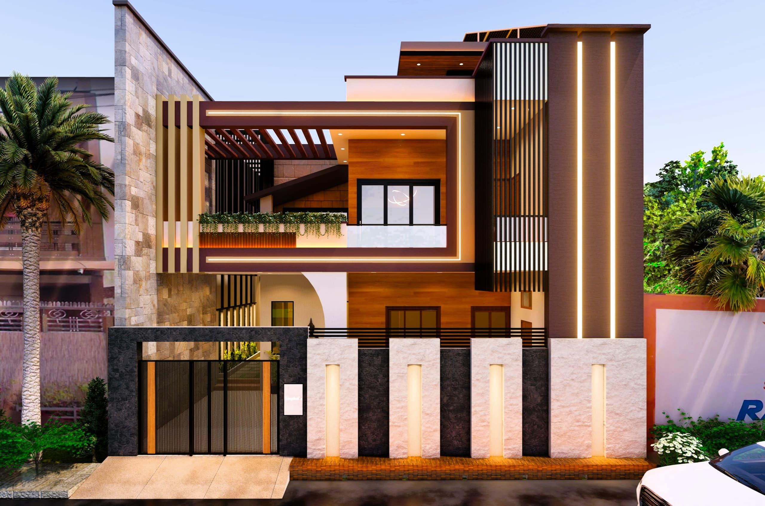 Residential front elevation, stone cladding